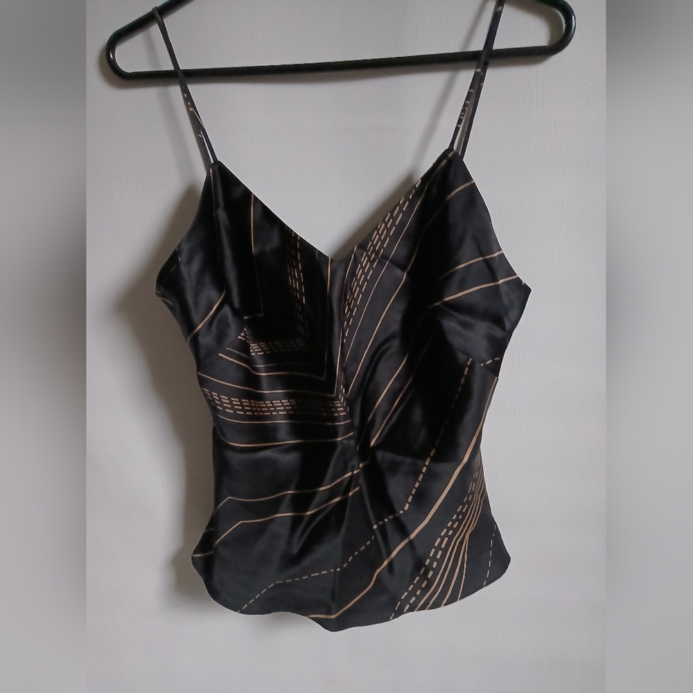 💯% SILK Black Camisole with Gold Geometric Lines